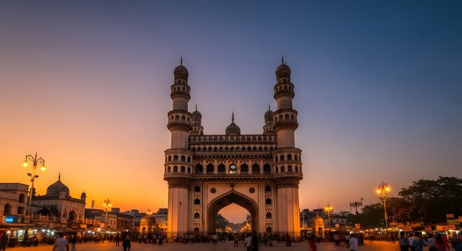 Charminar monument in Hyderabad during sunset with glowing lights and crowds of people.