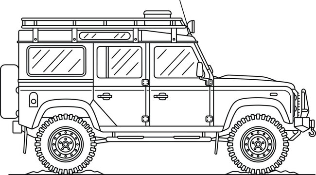 Offroad safari expedition SUV car side view vector illustration with roof rack spare tire for coloring page adventure theme
