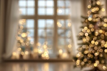 Fototapeta premium Warm and festive blurred bokeh lights decorating a cozy interior with sparkling holiday elements and a glowing tree by large bright windows in wintertime
