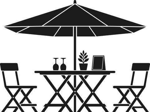 Outdoor patio cafe furniture silhouette set with table chairs and large sun umbrella isolated on white background vector illustration