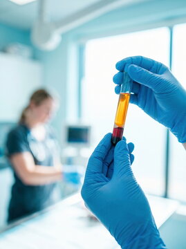 Blood test tube held by gloved hands showing plasma and cells in modern medical lab for diagnostic analysis and healthcare research.