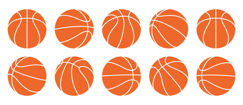 basketball icon set with flat orange balls in different views for sports and tournament design