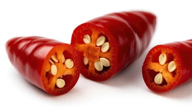 Sliced red chili peppers reveal their seeds and inner flesh on a clean white backdrop. These vibrant red spicy vegetables are prepared for cooking or adding heat to meals.