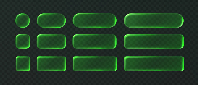 Green glass frame set with transparent glossy shape and realistic neon effect. Liquid glassmorphism element