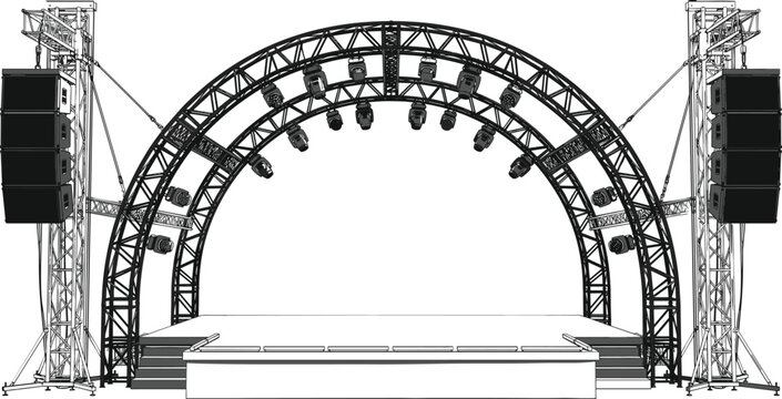 Professional outdoor concert stage layout with curved arch metal truss system lighting fixtures and hanging line array speakers vector