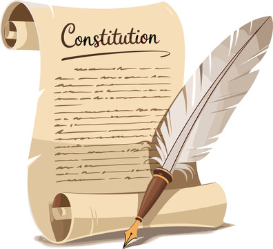 Vintage constitution scroll vector illustration, historical legal document icon with traditional feather quill pen element isolated