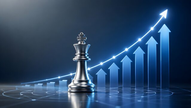 Silver chess king standing before glowing upward arrow graph and ascending bars. Concept of strategic business planning and financial investment growth.