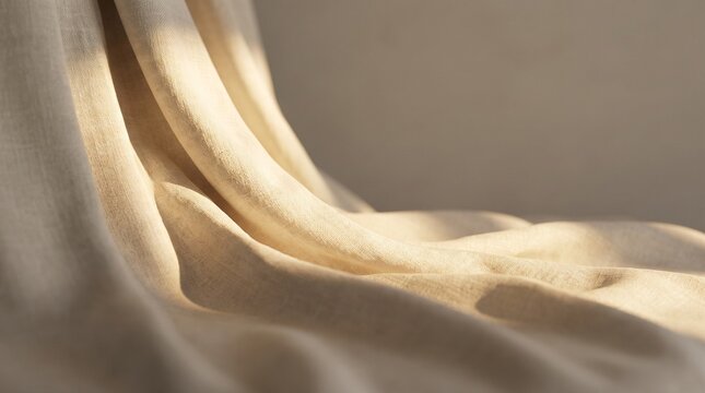 Sunlight Illuminating Flowing Linen Textile - Close up of draped natural beige linen fabric texture with graceful waves and soft shadows under sunlight