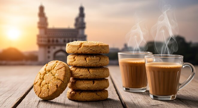 Freshly baked Osmania biscuits and hot chai with the Charminar monument in the background.