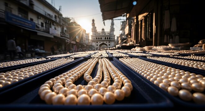 Hyderabad pearl market display with Charminar in the background during golden hour sunlight.