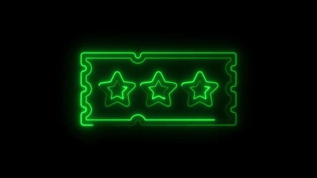 Glowing green neon ticket with three stars against a dark background