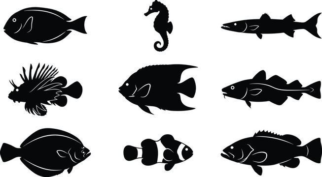 Marine fish silhouette collection featuring exotic sea creatures like clownfish seahorse lionfish angelfish and cod icons vector illustration set.