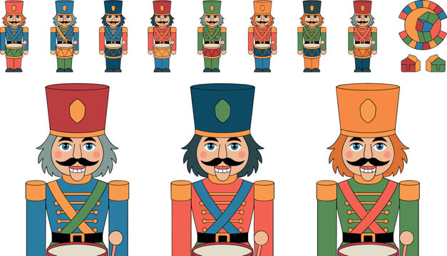 Christmas Toy Nutcracker Drummer Vector Character Set Featuring Colorful Soldiers with Uniforms and Drums for Winter Holiday Season Graphic Layouts and Festive Designs