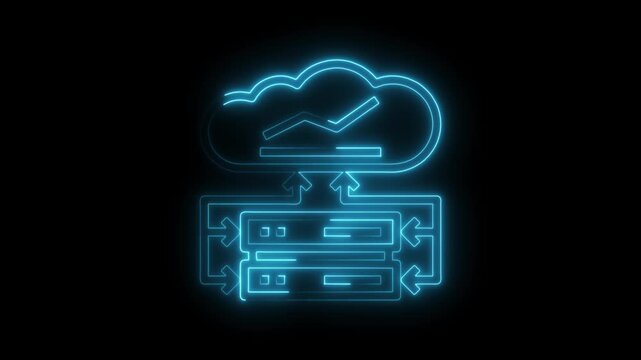 Cloud computing neon icon animation with servers and data flow on black background