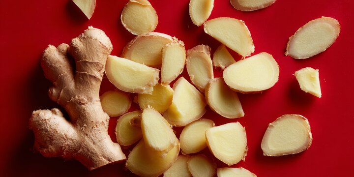 Fresh ginger root and slices on vibrant red background