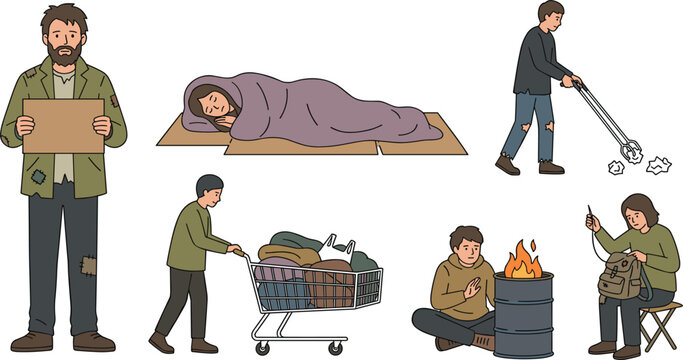 Urban Poverty and Homelessness Survival Vector Illustration Set Featuring Begging Man Cardboard Bed Cart of Belongings Barrel Fire and Litter Collection Designs