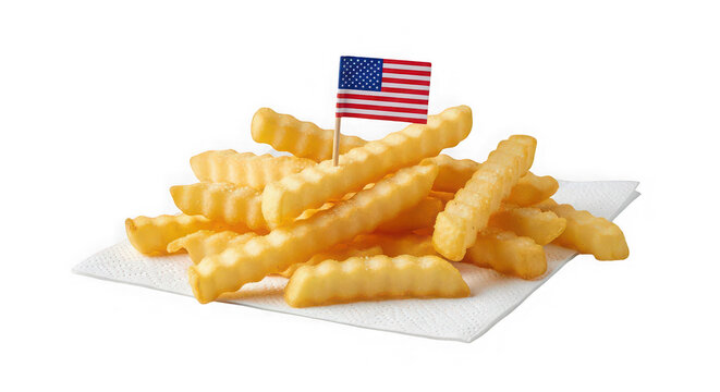 French fries served on a white paper napkin feature a tiny American flag toothpick stuck inside.
