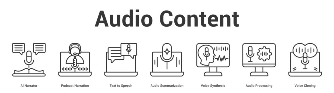 Audio Content web banner icon vector illustration concept for business with icon of AI Narrator, Podcast Narration, Text to Speech, Audio Summarization, Voice Synthesis, Audio Processing, Voice.