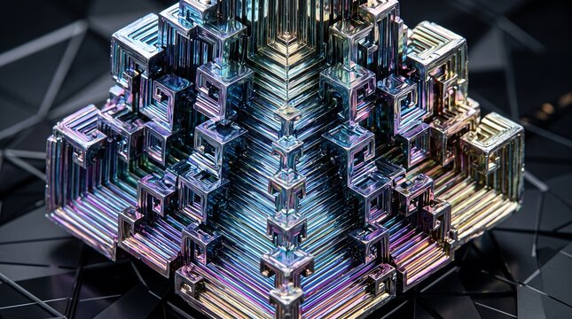 Close-up of a colorful bismuth crystal displaying geometric stair-step structure and metallic iridescence