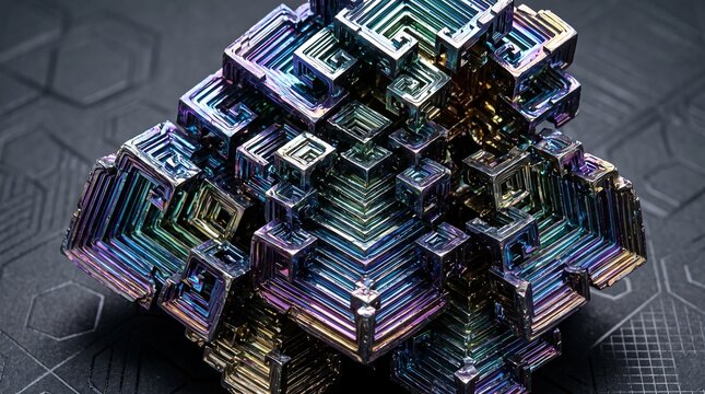 Macro shot of a colorful bismuth crystal with iridescent hopper structure on a dark textured background