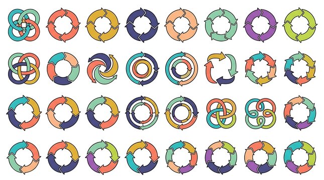 Collection of multi-colored circular cycle arrow diagrams for business charts with infographic business presentation strategy marketing workflow development management corporate structure