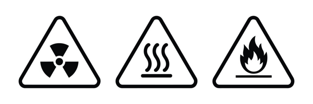 radiation warning sign set with hot surface and flammable hazard symbols for industrial safety