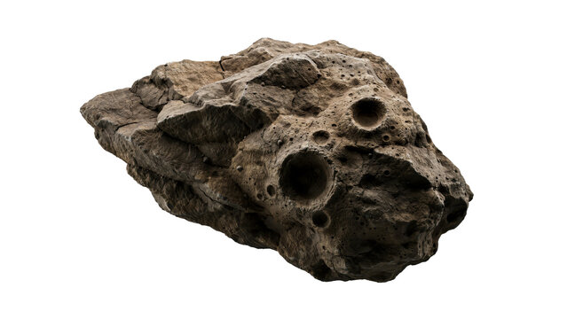 Detailed asteroid rock with deep craters and rough weathered surface texture captured in high resolution for scientific visualization projects isolated on transparent background