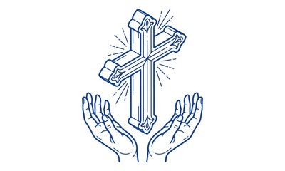 Fototapeta premium Christian cross held by hands line art illustration