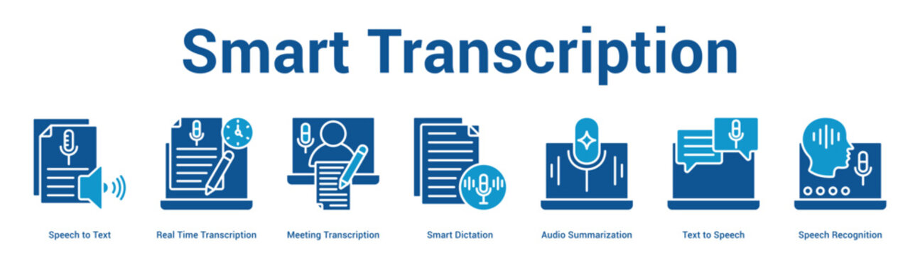 Smart Transcription web banner icon vector illustration concept for business with icon of Speech to Text, Real Time Transcription, Meeting Transcription, Smart Dictation, Audio Summarization, Text to.