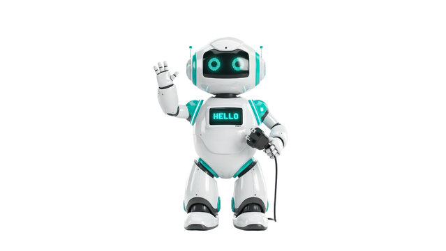 Cute white and teal robot character waving a hand while holding a power cable for a futuristic technology concept illustration shown isolated on transparent background