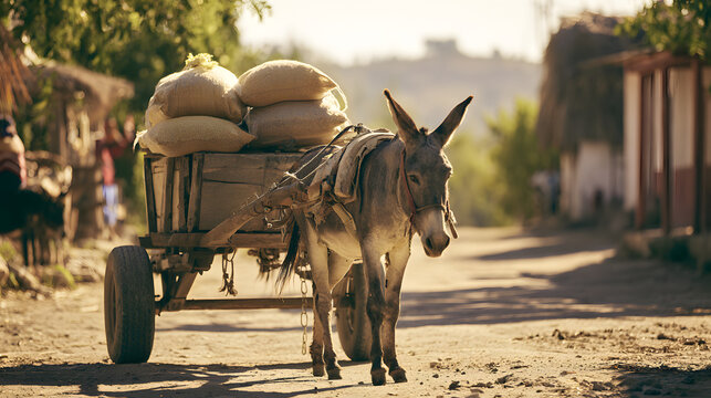a donkey is pulling a wooden cart in a sunny Mexican village. There are bags of grain on the cart. The scene is captured with cinematic natural lighting and rural, traditional vibes in high-resolution