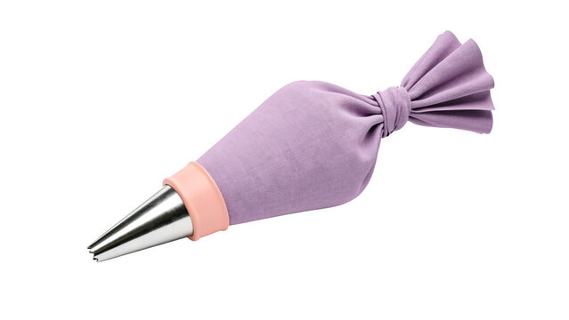 Purple fabric pastry bag with metal icing nozzle used for decorating delicious cakes and sweet desserts displayed in a professional kitchen setting on transparent background