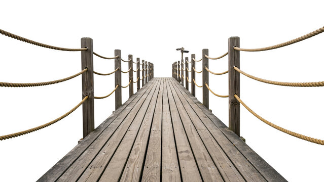 Long weathered wooden pier extending forward featuring sturdy posts and thick nautical rope railings leading to a small directional signpost isolated on transparent background