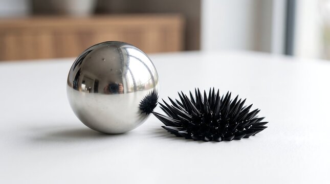 Black ferrofluid forming spikes next to a polished metal sphere magnet on a white surface