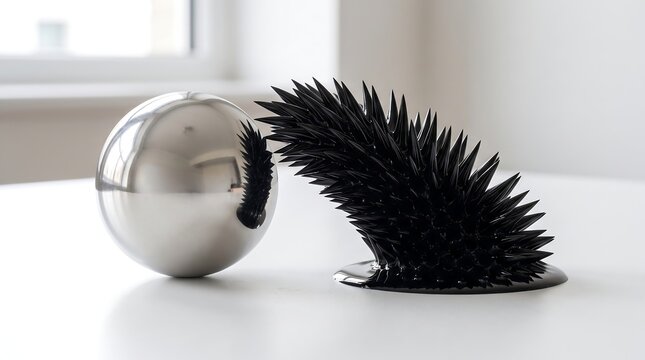Black ferrofluid spikes attracted to a shiny metallic sphere magnet, demonstrating magnetic field lines