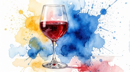 Fototapeta premium Elegant wine glass filled with red liquid rests on white surface. Abstract blue yellow red paint splatters background. Artistic drink illustration.