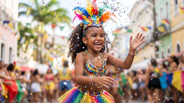 A young girl with a vibrant feathered headdress and colorful costume smiles and waves while confetti falls around her. She is in the middle of a lively street parade