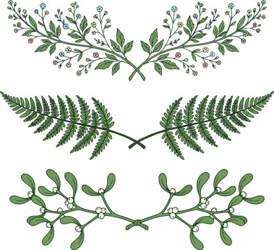 Set of three hand drawn floral dividers with fern branches and botanical leaves in a vintage sketch style for wedding invitations and elegant stationery design