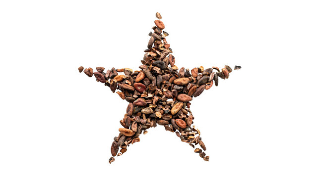 Natural raw cocoa nibs and broken pieces arranged into a festive star shape for food photography concepts isolated as a flat lay on transparent background