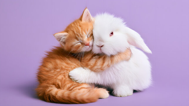 a still life photo featuring a playful ginger kitten cuddling a white rabbit on a purple background, symbolizing the bond of friendship and love