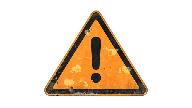Weathered triangular traffic sign featuring a bold black exclamation point symbol with rust and peeling paint textures displayed in high quality isolated on transparent background