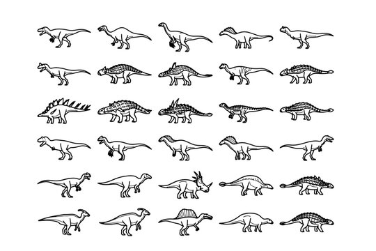A collection of detailed dinosaur illustrations showcases a variety of prehistoric creatures, from towering sauropods to armored ankylosaurs, each rendered in a classic black and white style.