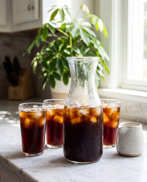 Glass cold brew carafe with condensation and ice on marble counter beside tall glasses and milk jug
