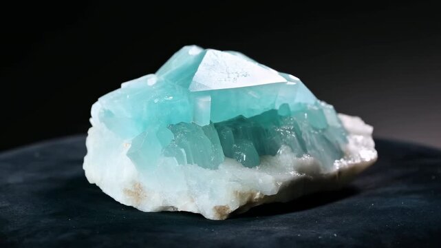 Turquoise mineral crystal cluster on white stone matrix, centered in dark studio macro view with translucent faceted surfaces, rough natural edges, glossy highlights, and soft directional light