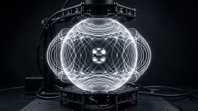 Futuristic acoustic levitation chamber featuring a glowing spherical interference wave pattern and a levitating metallic sphere in a laboratory environment