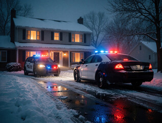 Obraz premium Police cars with flashing lights on snowy driveway at night outside house. Winter scene with emergency vehicles responding to incident. Law enforcement presence on residential street.