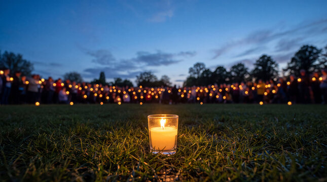 Single lit candle in glass holder at dusk peace vigil with crowd holding candles in blurred background