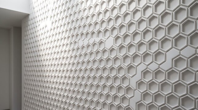 Modern interior wall featuring a 3D white geometric honeycomb pattern illuminated by natural light