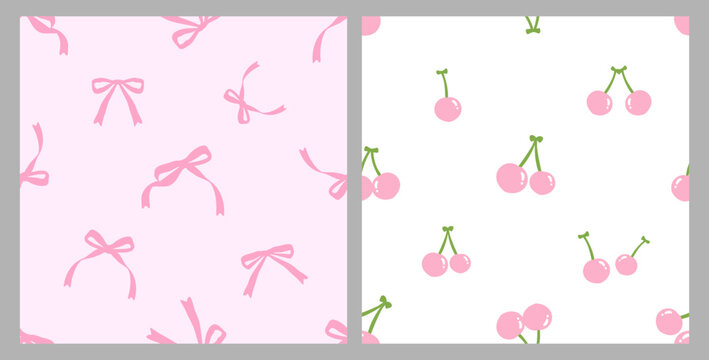 Cute seamless pattern collection featuring delicate pink ribbon bows and sweet cherries on soft pastel backgrounds in minimalist hand drawn flat vector style.