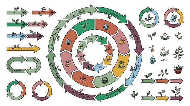 Set of circular flow diagrams and growth arrows with infographic business elements circular strategy management marketing planning development visualization presentation template workflow